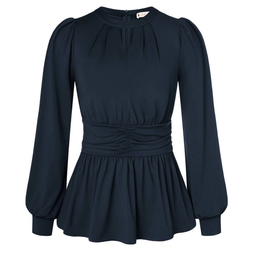 NWT - Belle Poque Retro Defined Waist w Lantern Sleeves Crew Neck Navy Top - L